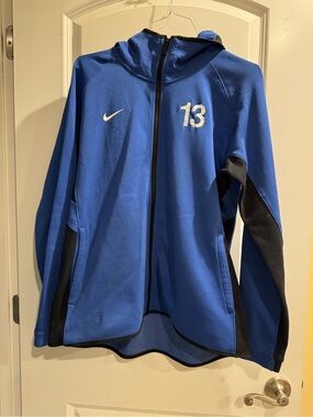 Nike Blue and Black Full-Zip Hooded Bomber Jacket with '13' Embroidery